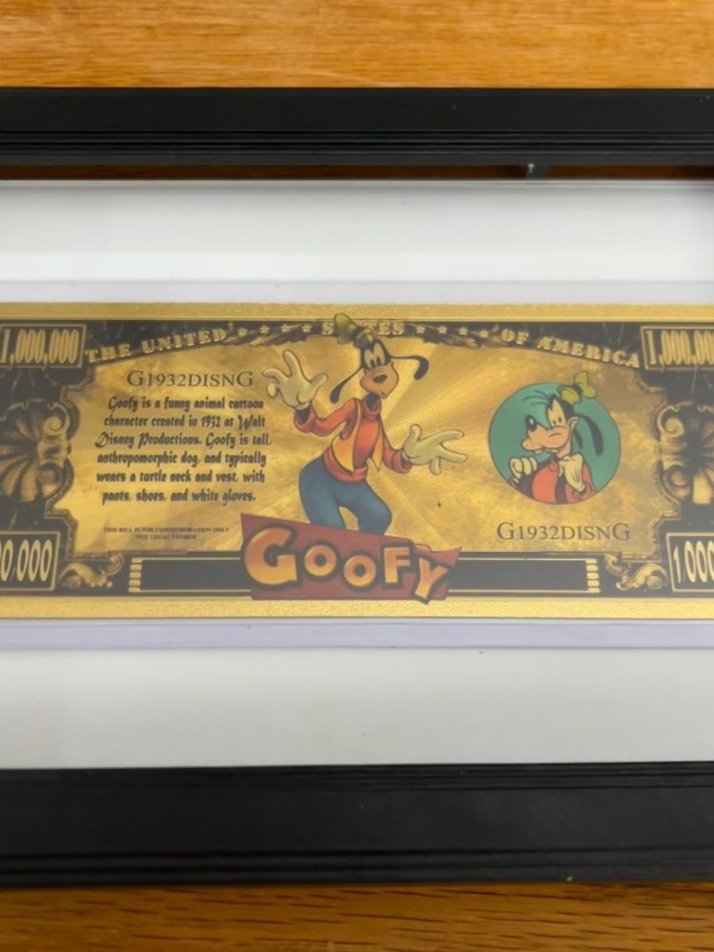 Disney Goofy Framed Gold Novelty Art with Colorful Illustration